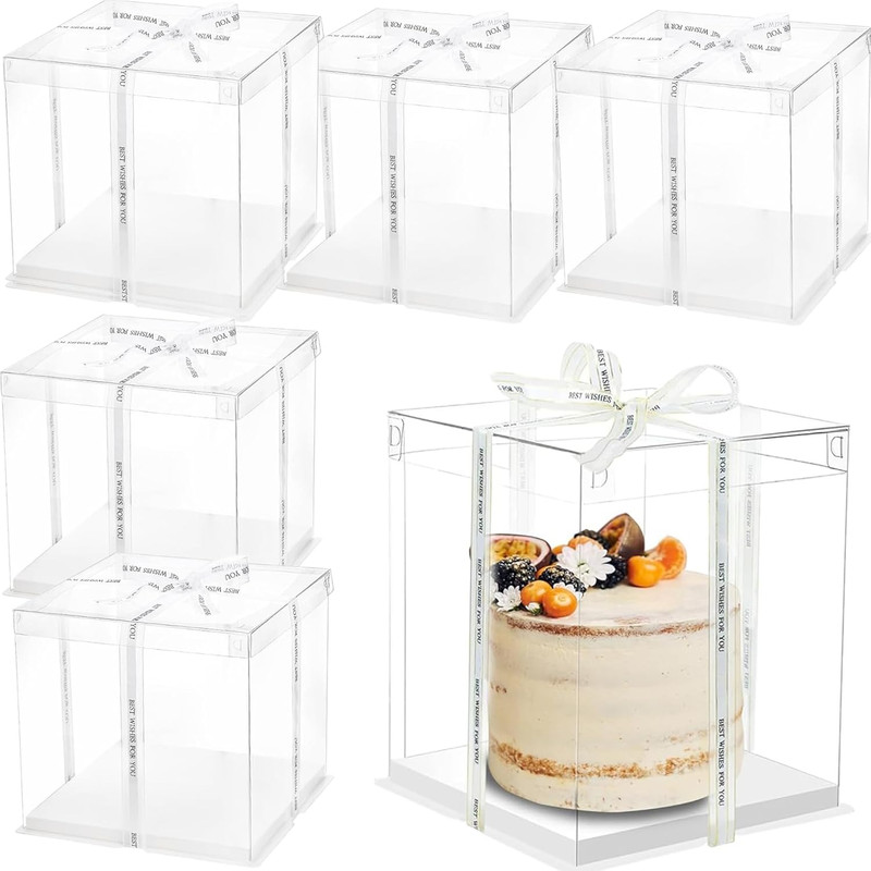 6 Pack Clear Cake Box, 2-Layer Transparent Cakes Box with Ribbon, 10″ X 10″ X 9″