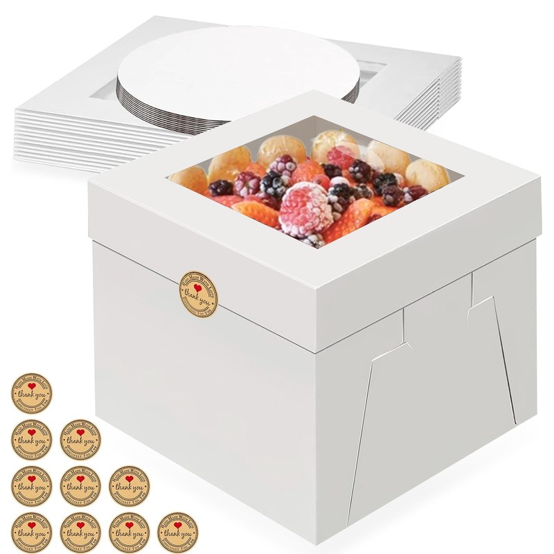 10 Pack Cake Boxes, 12 x 12 x 8 Inches Tall Cake Boxes with Window, Disposabl…