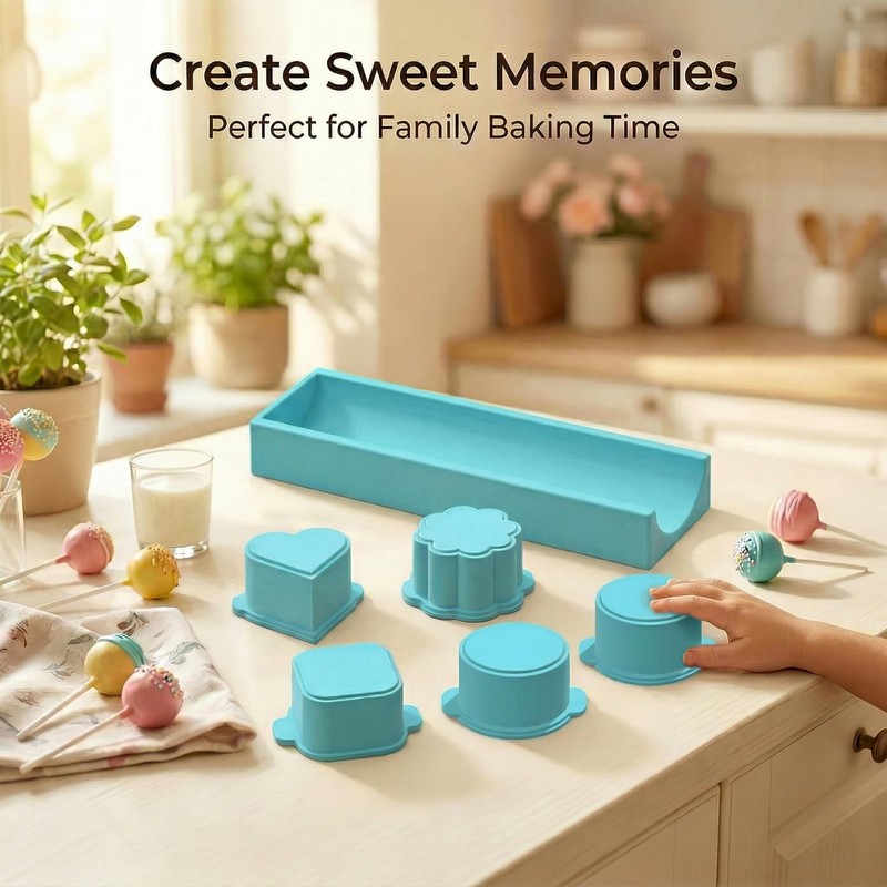 5 PCS Cake Pop Mold Set with 7.87-inch Tray, Heart Square Cloud Oval Round 3D Pr gallery