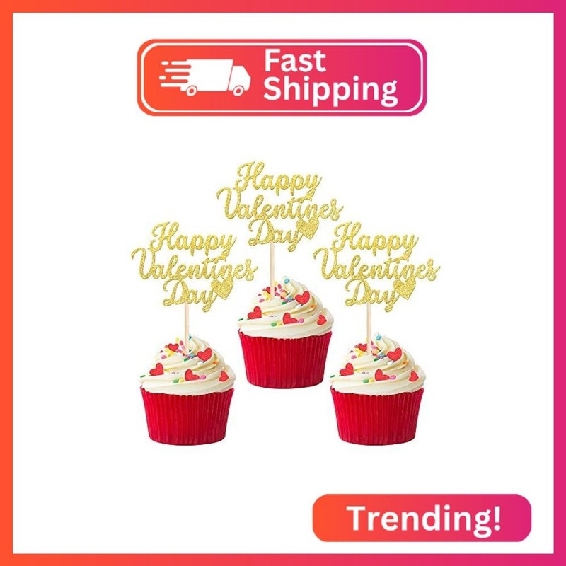 24 PCS Happy Valentine’s Day Cupcake Toppers Glitter Sweet Love Be Mine Valentin