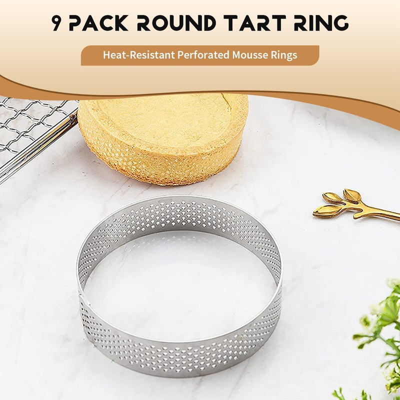 9 Pack Round Tart , Mousse Rings, Stainless Steel Heat- Perforated5645 gallery