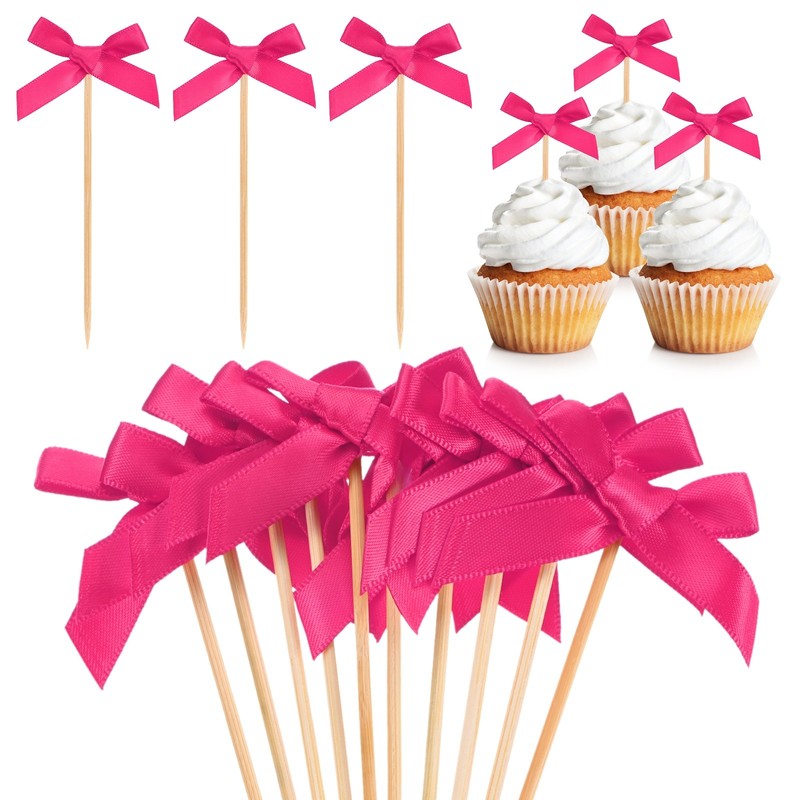 60Pcs Bow Cupcake Toppers, Ribbon Bow Cake Toppers for Cupcake Decor [Rose Red]