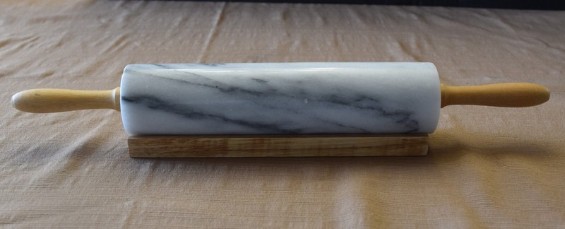 VINTAGE 18" MARBLE ROLLING PIN with WOODEN CRADLE STAND & WOOD HANDLES EUC! gallery