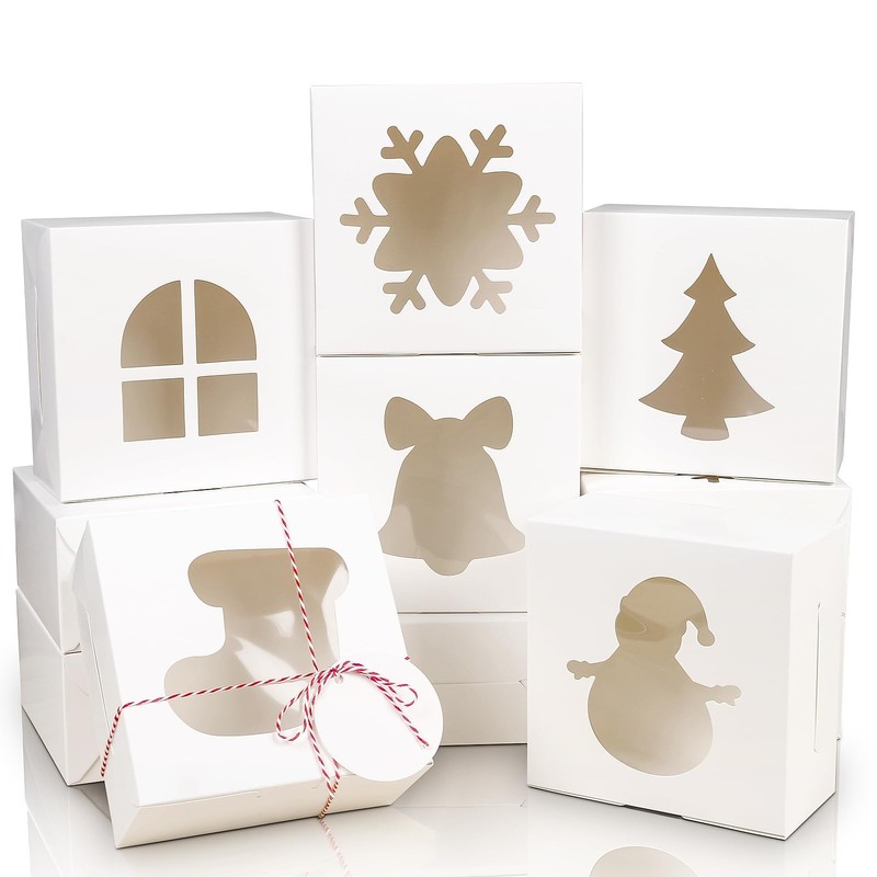 18 PCS White Christmas Cookie Bakery Treat Boxes With Window 6x6x3 Inch