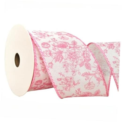 Pink Floral Wired Ribbon 2.5 Inch Chinoiserie Vintage Flower Pink Flower