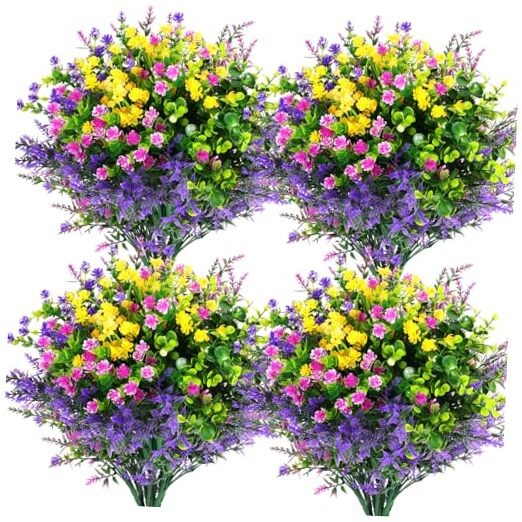 Pcs Artificial Flowers Outdoor, Faux 12 Fuchsia, Purple, Yellow, Green