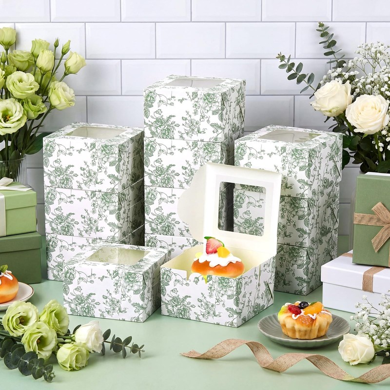 50 Pack Sage Green Floral Cookie Boxes with Window, Chinoiserie Small Bakery ... gallery