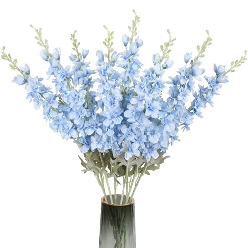 8PCS Blue Delphinium Artificial Flowers Larkspur Fake Flowers 33.5in Baby Blue