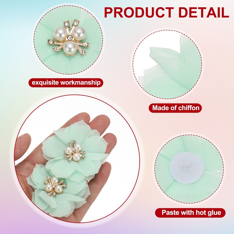 10Pcs 2.36 Inch Rhinestone Chiffon Flower Fabric Appliques Light Green gallery
