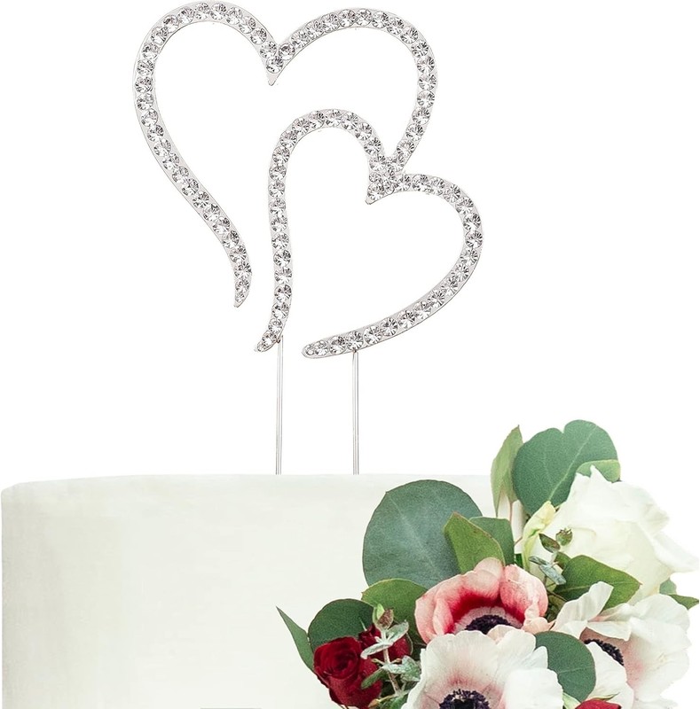 Double Heart Wedding Cake Topper LOVENJOY Crystal Rhinestone Gift Box Decor NEW