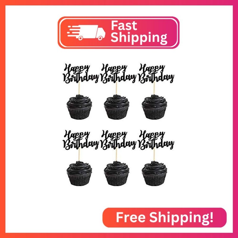Arthsdite Pack of 48 Pre-Assembled Black Glitter Happy Birthday Cupcake Toppers