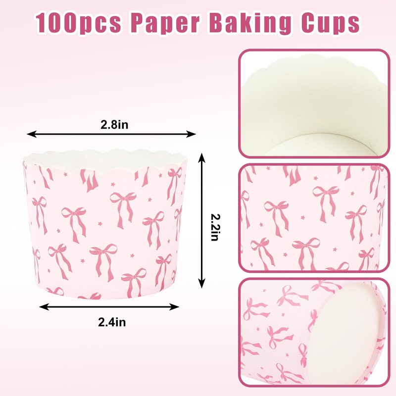 100Pcs Pink Bow Paper Baking Cups Bowknot Cupcake Wrappers Pink Ribbon Bow Sc... gallery