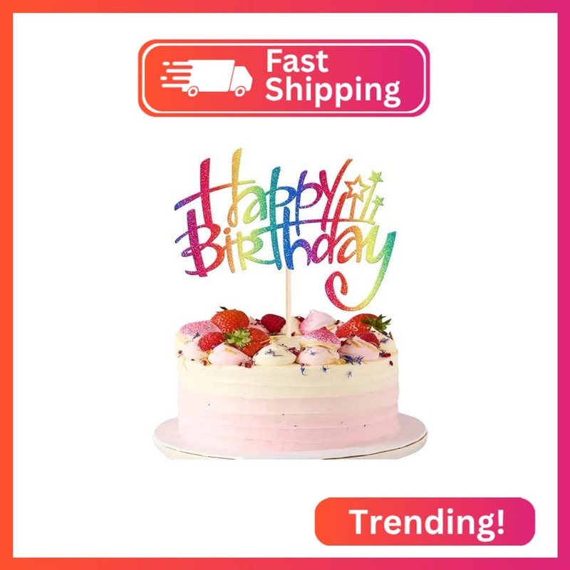 Rsstarxi 1 Pack Rainbow Happy Birthday Cake Topper, Glitter Birthday Party Decor