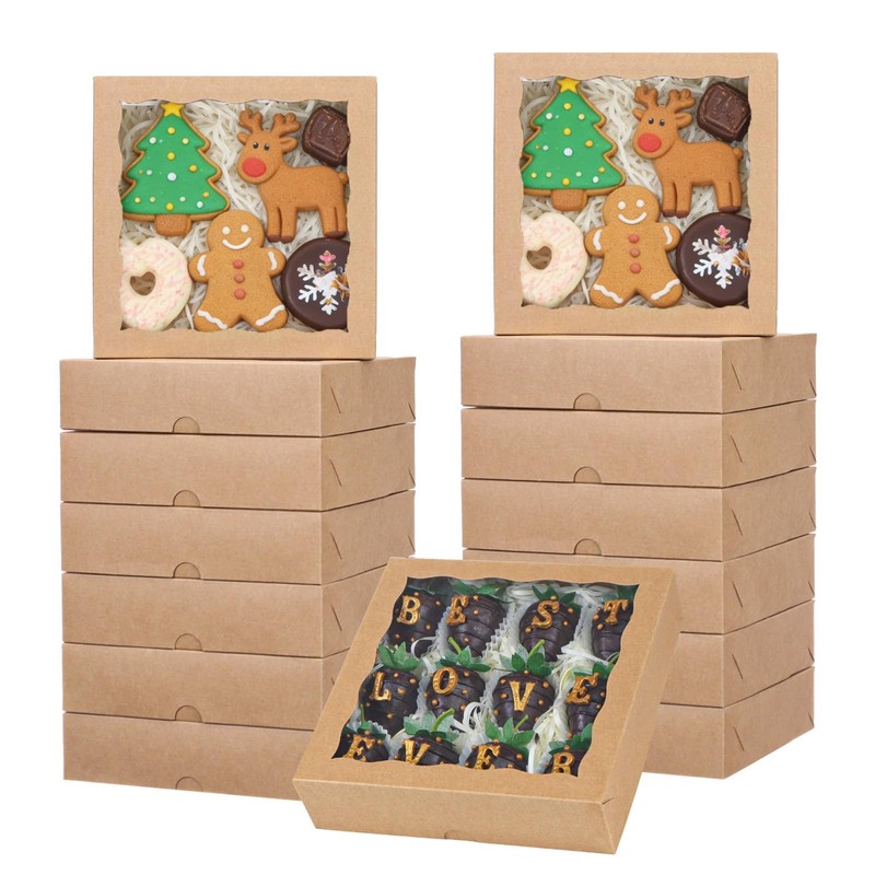50 PCS Brown Bakery Cookie Boxes Window 8x8x2 Inch Strawberries Brownies