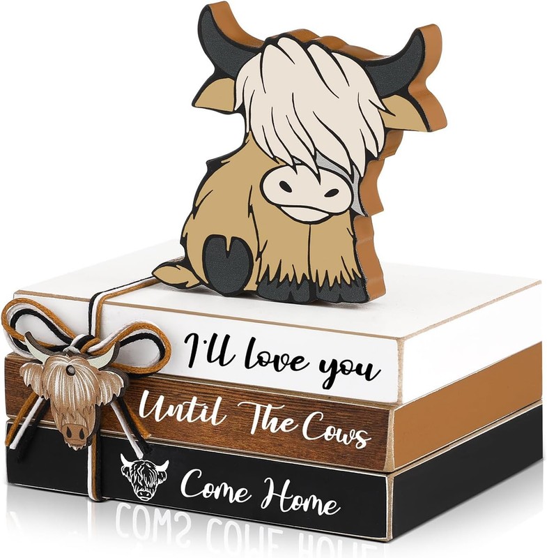 Yookeer 4 Pieces Highland Cow Tiered Tray Decor Mini Wood Book Stacks Brown