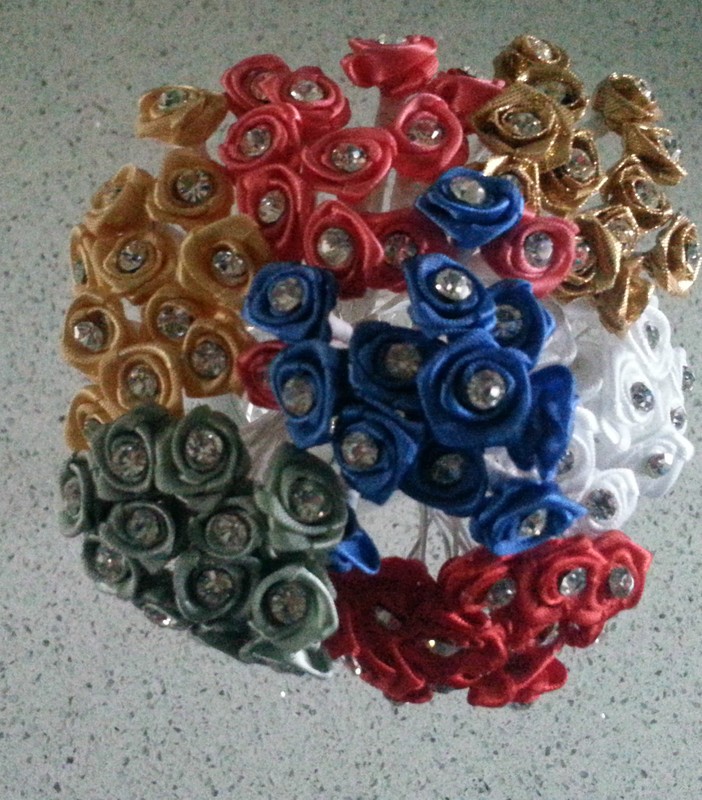 12 diamante / diamonte ribbon rose wired favour flowers - choice of 21 colours