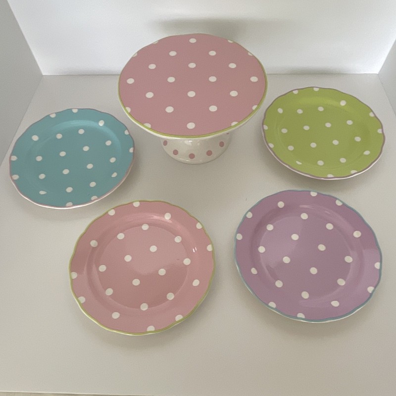 8in Ceramic Polka Dot Cake Stand Pedestal Set w/ Four 8in Plates Glossy gallery