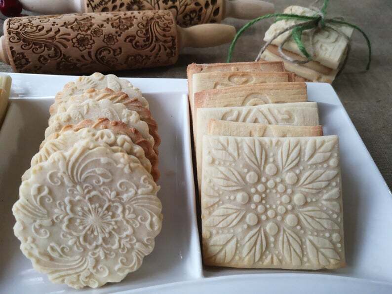 Engraved Wood Rolling Pin Embossed Dough Roller Springerle Mandala Cake Cookie gallery