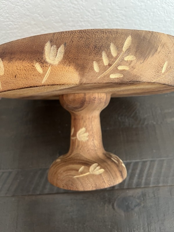 Hand carved Round Wood Pedestal Cake Stand gallery