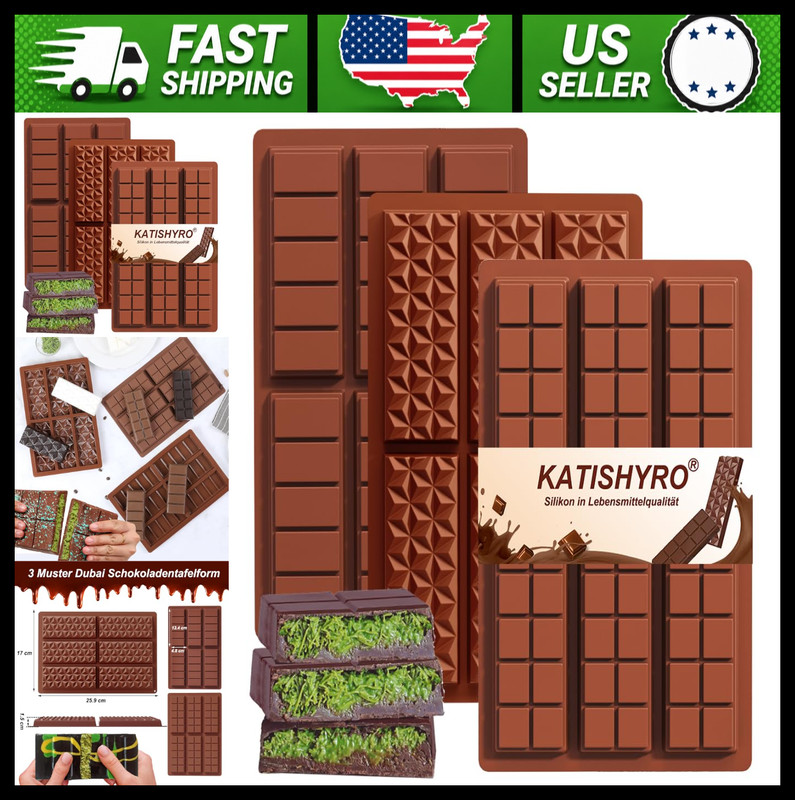 3 Pack Silicone Chocolate Bar Molds 6-Cavity Nonstick for Snacks