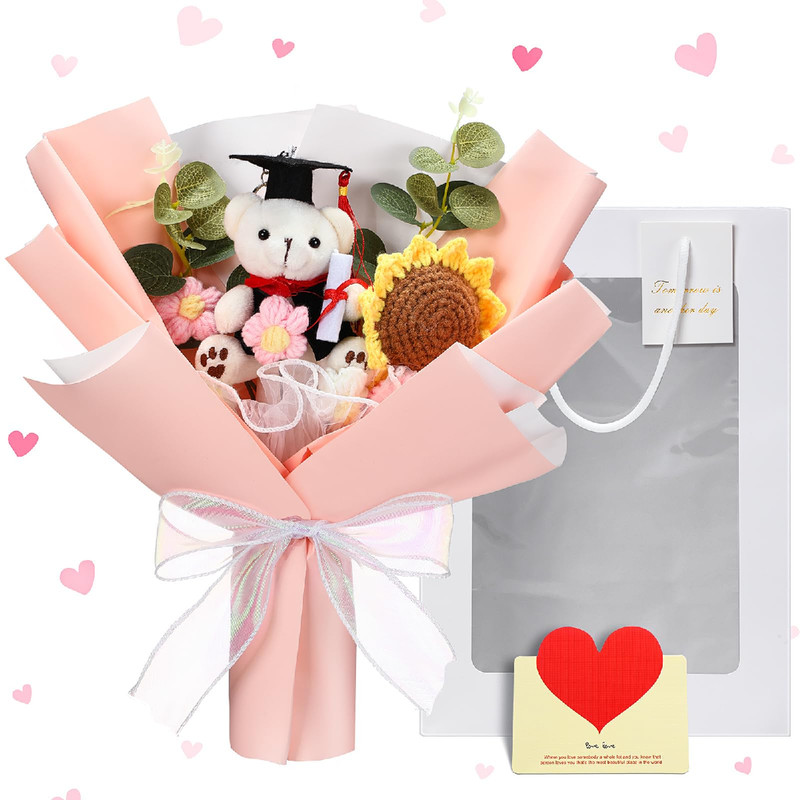 Solsew Graduation Crochet Flower Bouquet Set Includes Stuffed Bear Knitted