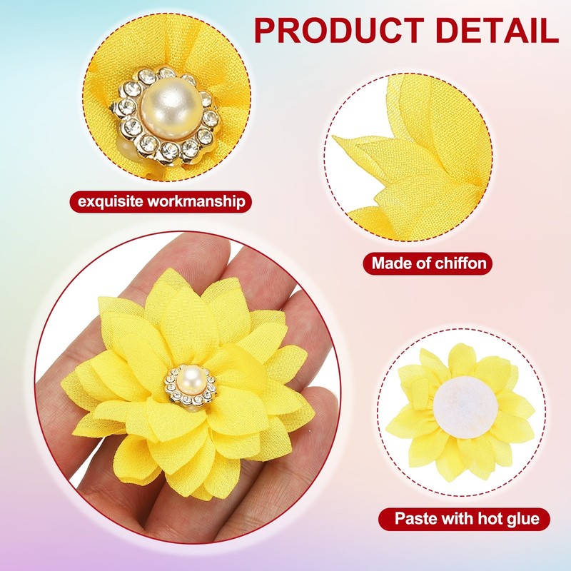 2.36 in Rhinestone Chiffon Flower, 12 Pcs Fabric Appliques, Light Yellow gallery