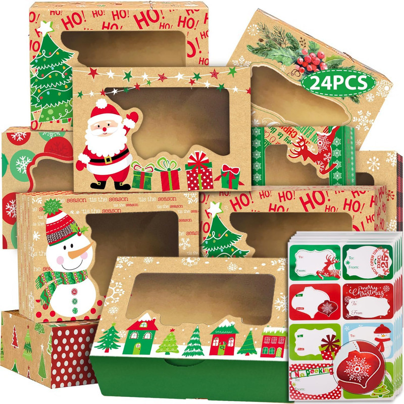 Party Funny 24 Christmas Cookie Boxes -Large Holiday Baked Food Container for Gi
