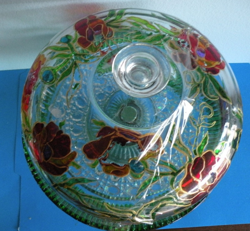 Glass Cake Pedestal Dome Stand With Hand Painted Flowers stain glass look 10"t H gallery