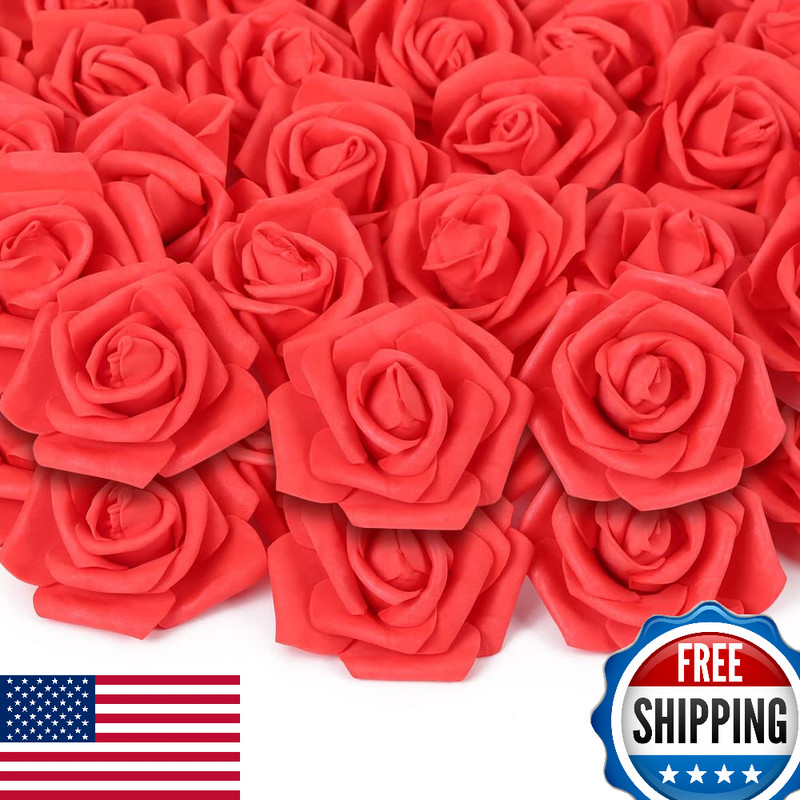 INSUNSIX 200pcs Red Foam Rose Flower Heads, 3-inch Artificial Fake Roses