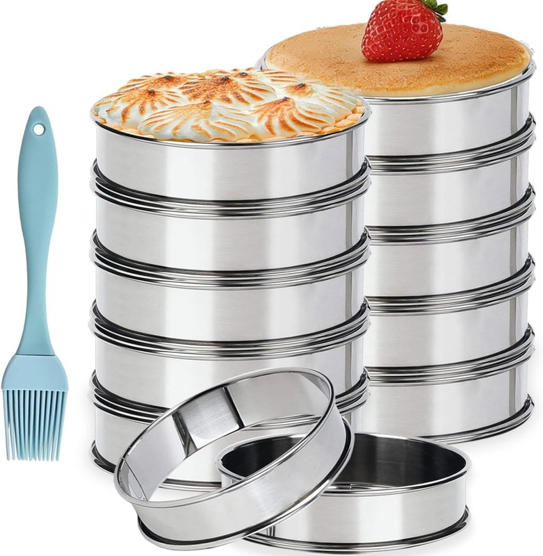 12 Pack English Muffin Rings 4 Inch Stainless Steel Crumpet Ring with Oil Brush,
