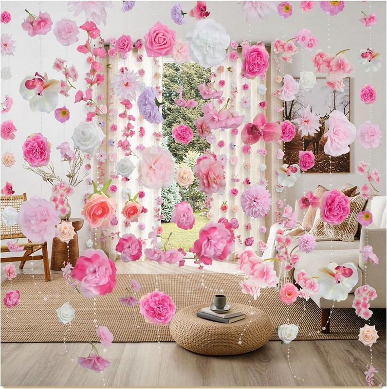 96ft Flowers Garland Pink Flower Vines for Decorat Badrop Wall for