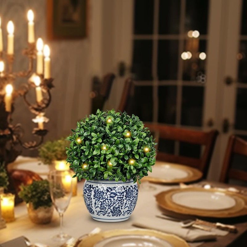 Dilatata Artificial Topiary Boxwood Ball In Blue And White Ceramic Pot Lighted gallery