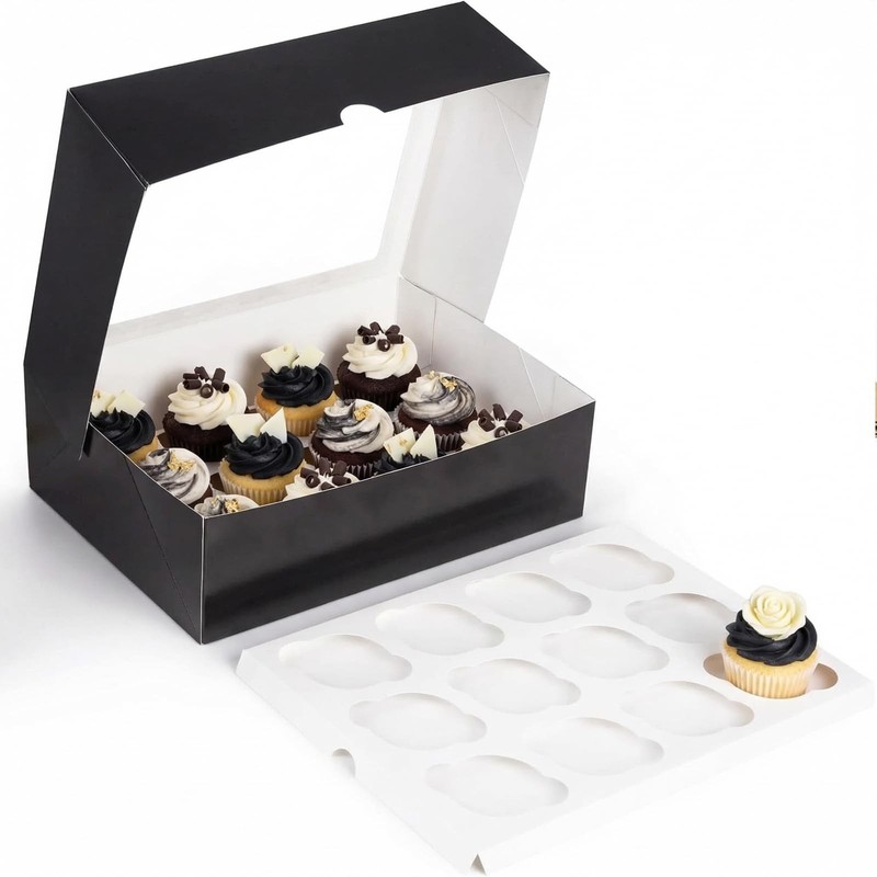 6 PCS Cupcake Boxes 12 Count Containers With Window Black Pastry Bakery Supply