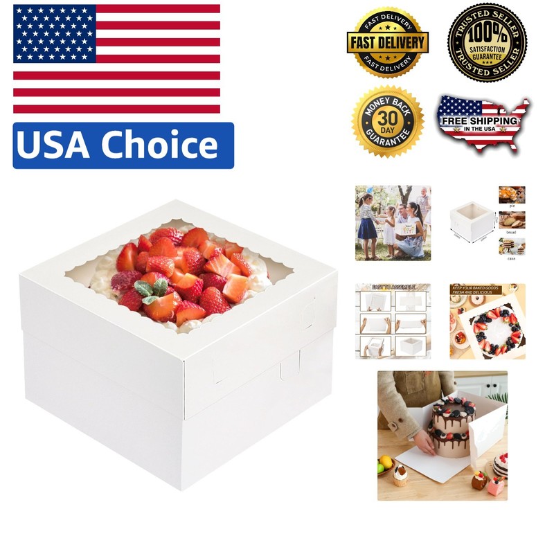 Reusable Cake Boxes – 15 Pack 12x12x8 Inch White Cardboard with Display Window