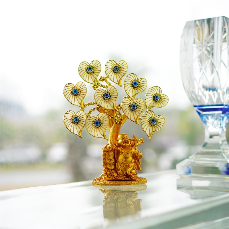 Yu Feng Blue Evil Eye Money Tree Painted Golden Buddha Statue White Artificial gallery