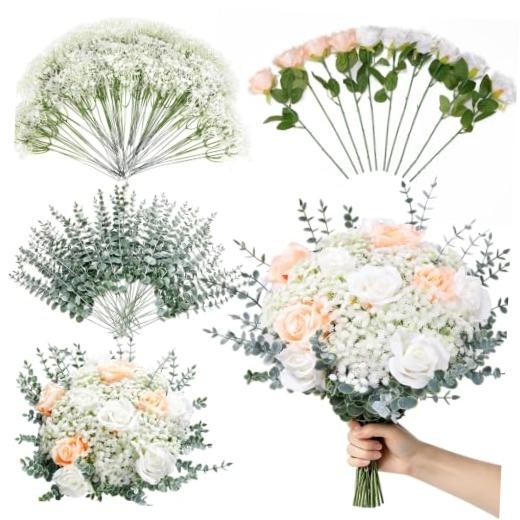 156PCS Mixed Eucalyptus Stems with Baby’s Breath Greenery & Silk Roses |