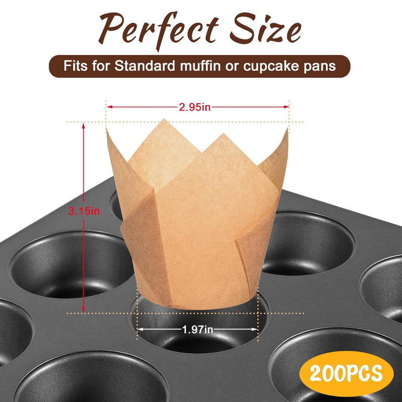 Natural Tulip Cupcake Liners for Baking 200 Cups, Unbleached Parchment Paper gallery