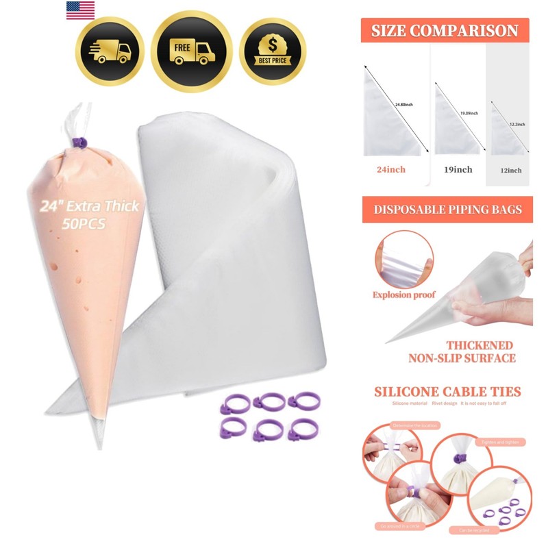 24 Inch Extra Large Piping Bags Disposable – 50 Thick Pastry Bags with Ties