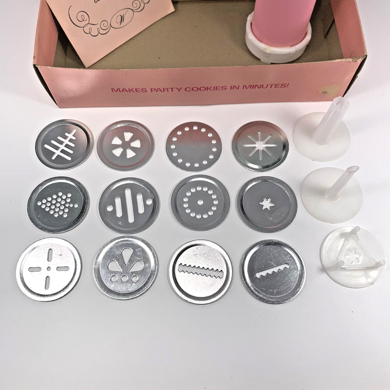 Vintage Wilton Sugar Plum Cookie Press Pink White 12 Disc 3 Cones NEW-UNUSED gallery
