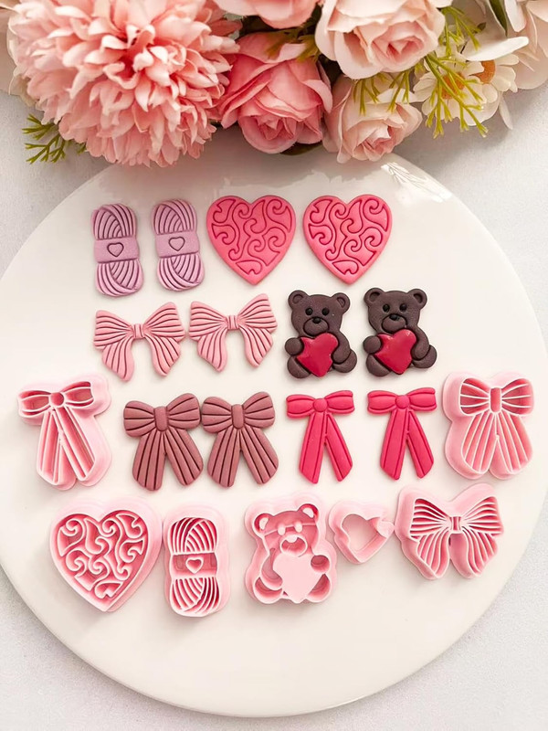 Valentines Polymer Clay Cutters Set- 7Pcs Heart & Love Bow, Bear, Mini Embossed