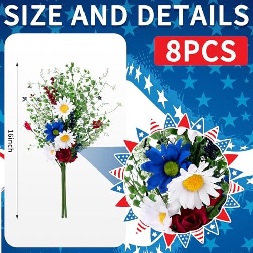8 Pcs Red White and Blue Artificial Flowers 4th of July Patriotic Fake gallery