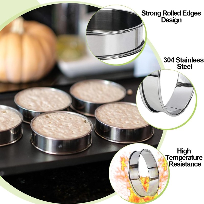 12 Pack English Muffin Rings 4 Inch Stainless Steel Crumpet Ring with Oil Brush, gallery