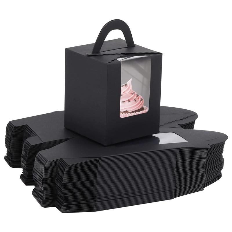 100 PCS Black Single Individual Cupcake Boxes with Window Handle Inserts