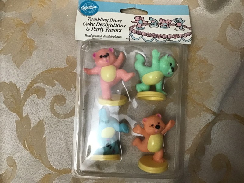 Vintage Wilton Tumbling Bears Cale Decorations Party Set 4 Cake Cupcake Toppers