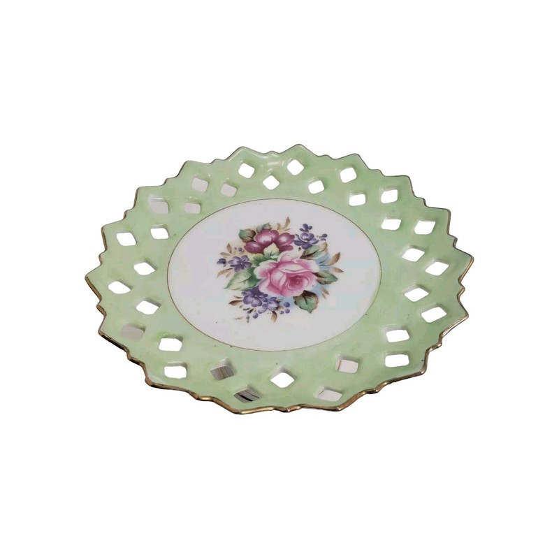 Cake Stand Green Pink Floral Rose Pedestal Gilded Reticulated Lattice Edge Vtg gallery