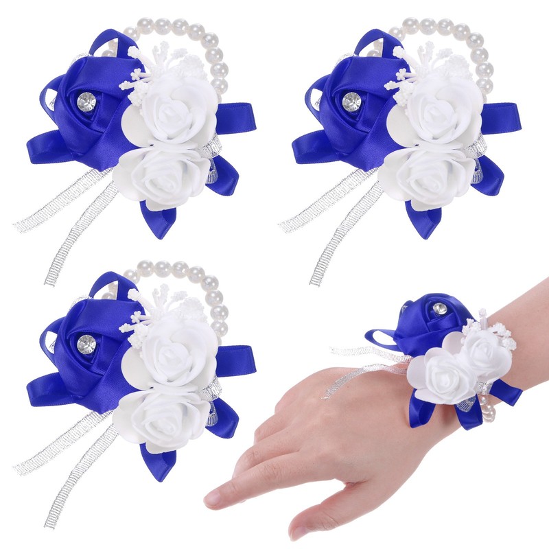 3-Pack Pearl Corsage Wristlet Bracelet for DIY Corsage Supplies [Sapphire Blue]