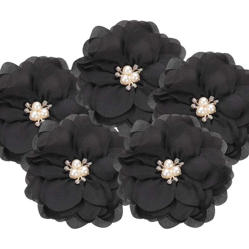 3.15 Inch Rhinestone Chiffon Flower, 5 Pcs Fabric Appliques, Black
