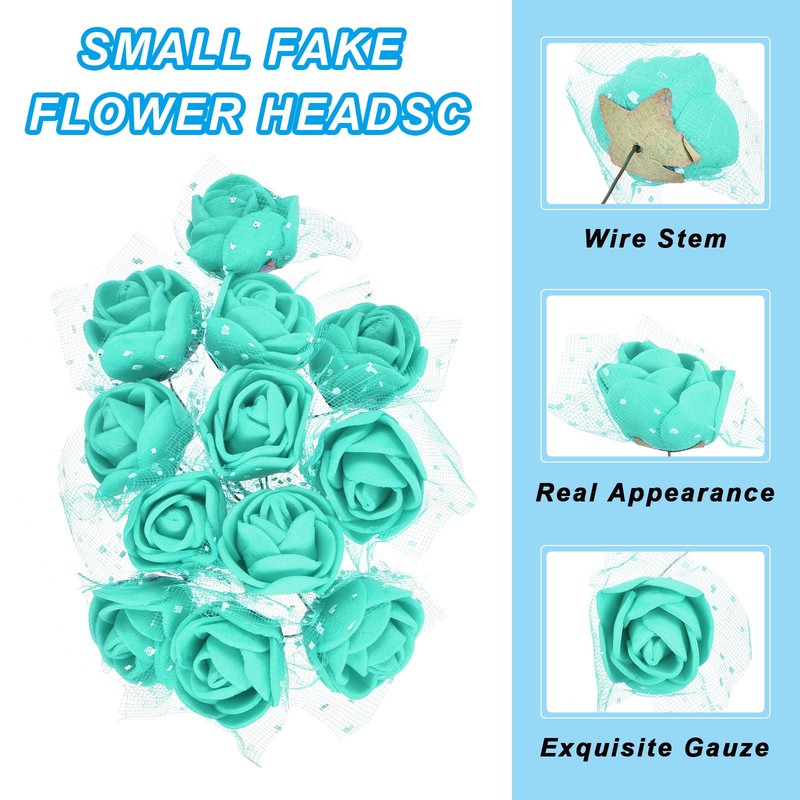 144Pcs Mini Roses Artificial Flowers 0.98" Stem + Gauze, Blue/Green for Bulk gallery