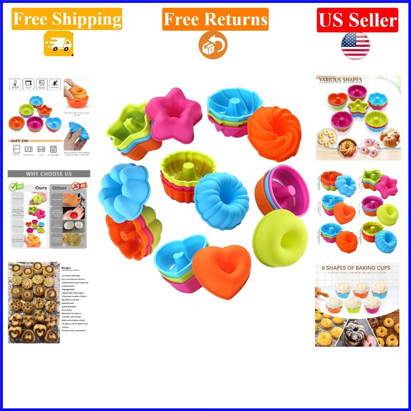 24-Pack Silicone Donut & Muffin Molds, Nonstick, Oven Safe, Multi-Color