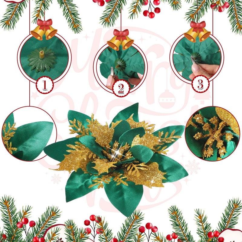 Geosar 24 Christmas Glitter Artificial Poinsettia Flowers Xmas Poinsettia gallery